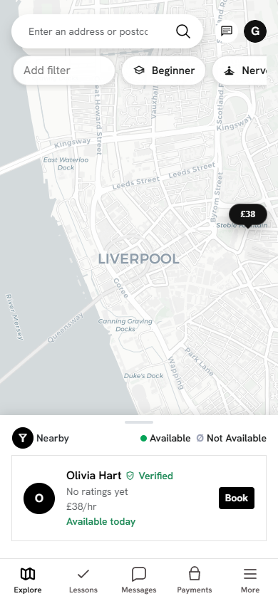 Flexstructor map showing a nearby instructor and lesson price