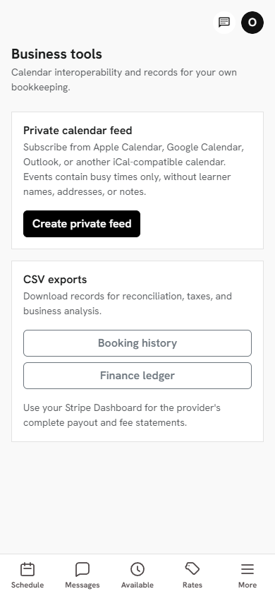Instructor business tools for a private calendar feed and CSV exports
