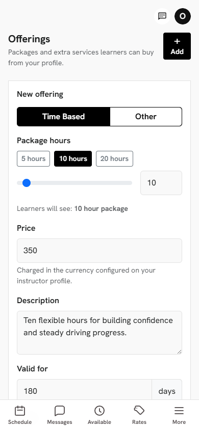 Instructor creating a ten-hour driving lesson package