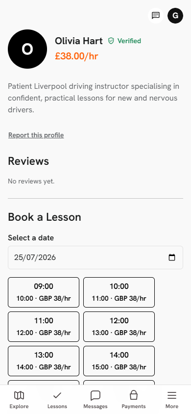 A verified instructor profile with available lesson times