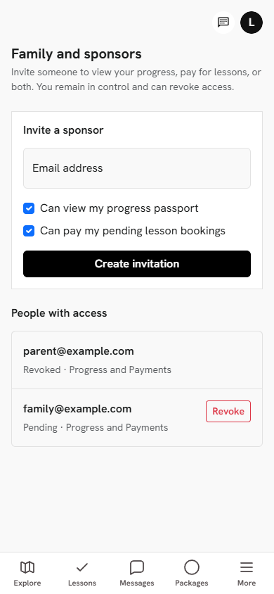 Learner controls for inviting a family member or sponsor with specific permissions