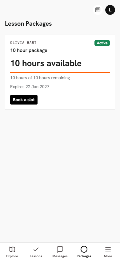 Learner package balance showing ten hours available