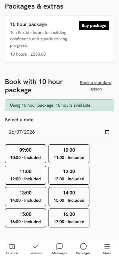 Learner choosing an available lesson slot included in a package