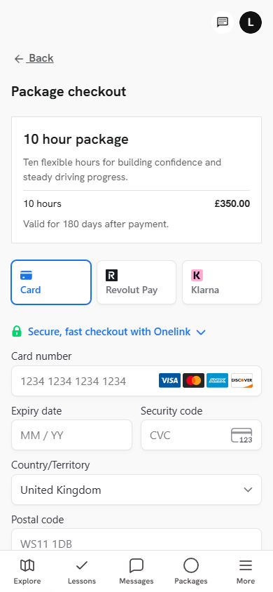 Learner checkout for a selected ten-hour driving lesson package