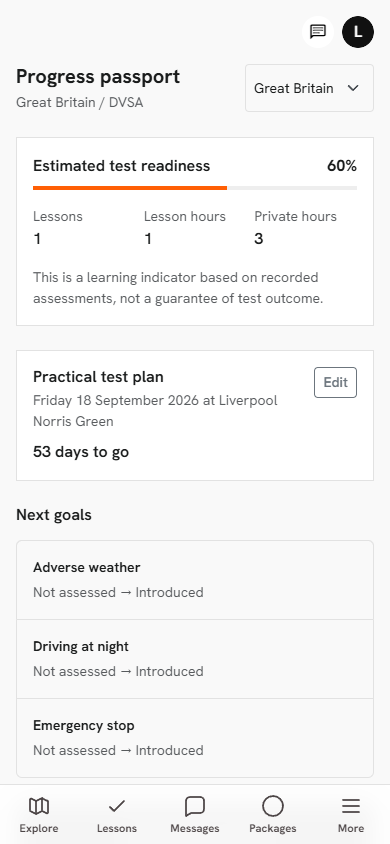 Learner Progress Passport showing test readiness, a practical test plan and next goals