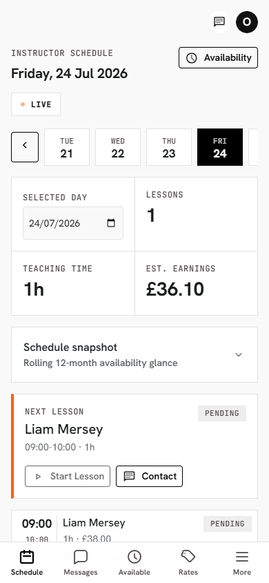 Flexstructor instructor schedule showing lesson times and daily earnings